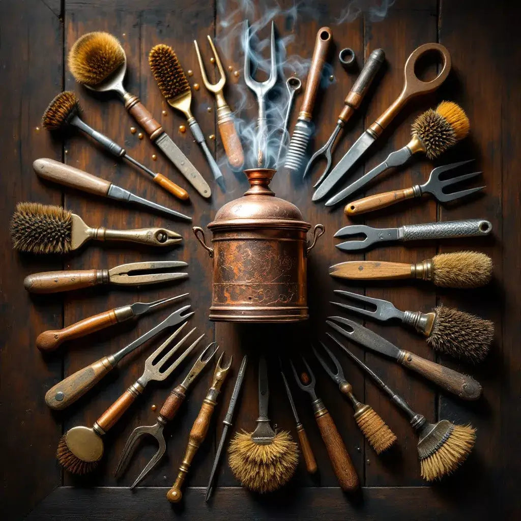 A circular arrangement of vintage beekeeping tools and a copper smoker, surrounded by smoke on a rustic wooden background.