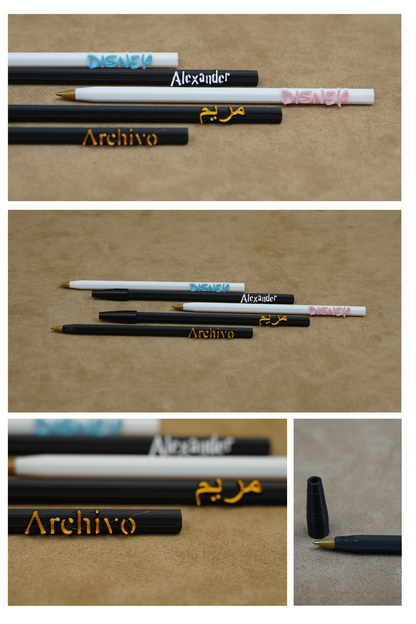 Personalized pens with names and designs, showcasing unique writing instruments in black, white, and colorful styles.