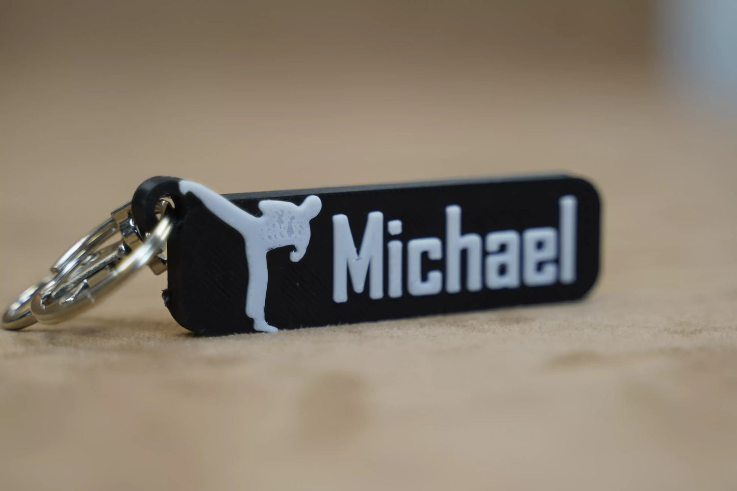 Personalised Karatey Figure Keychain featuring the name 'Michael' and a karate silhouette design.