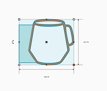 Mug design illustration featuring dimensions for pottery shape and rib tool customization options.