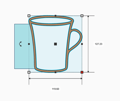 Mug design illustration with dimensions for pottery shaping tool, featuring a curved handle and ribbed detail.