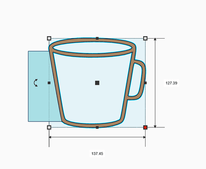 Graphic of a mug with dimensions, showcasing design features for pottery shaping using a rib tool.