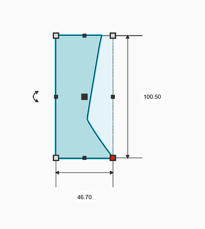 Diagram of pottery rib tool shape with dimensions 100.50mm height and 46.70mm width for precise shaping.