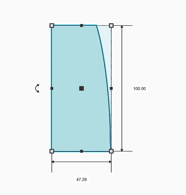 Diagram showing dimensions of a pottery rib tool design with measurements of 100mm height and 47.28mm width.