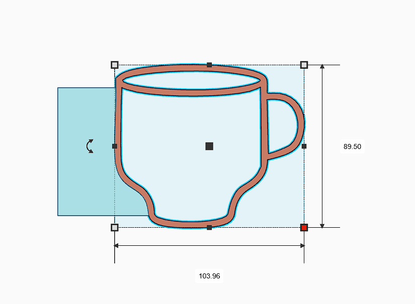 Design mockup of a pottery mug shape with dimensions, showcasing the unique curves for pottery enthusiasts.