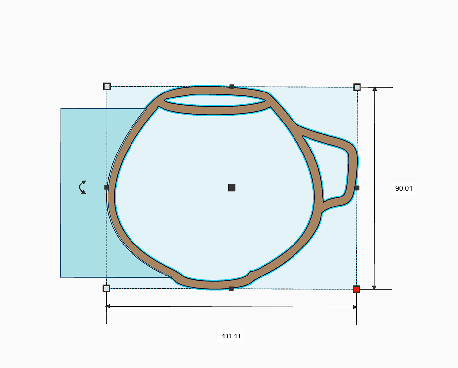 Outline of a mug shape with measurements, designed for pottery enthusiasts using a rib tool.