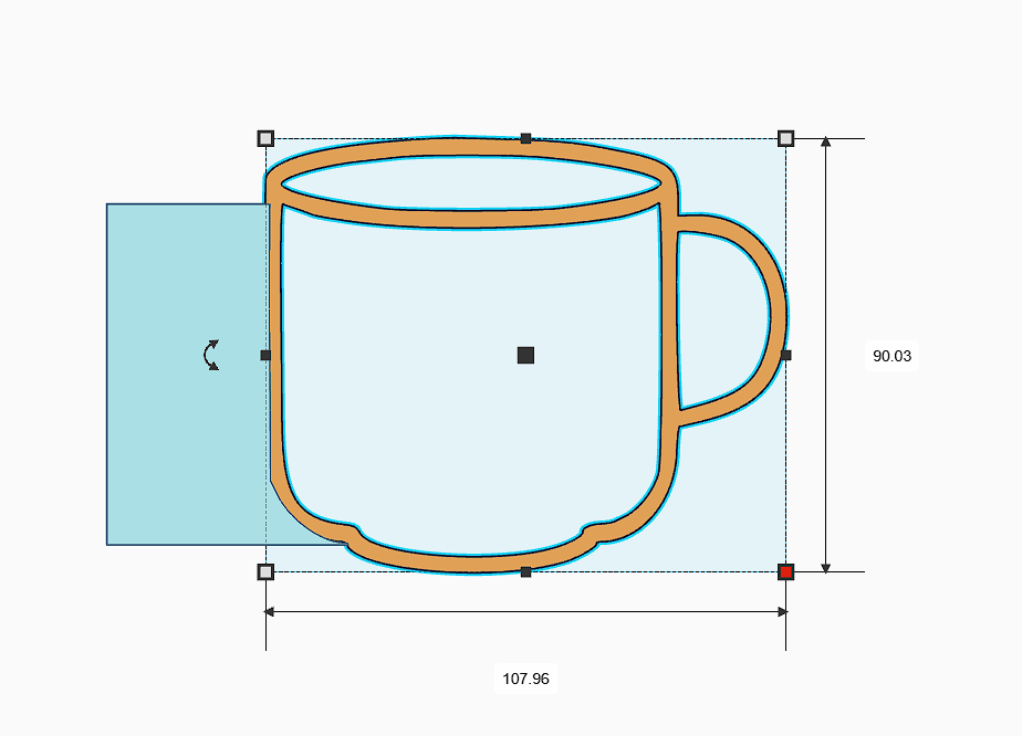 Outline of a mug design for pottery, showing dimensions and shape for customization options.