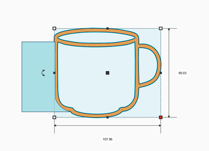 Outline of a mug design for pottery, showing dimensions and shape for customization options.