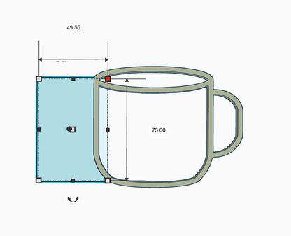 Dimensions of a pottery mug design tool, illustrating height and width for rib shaping.