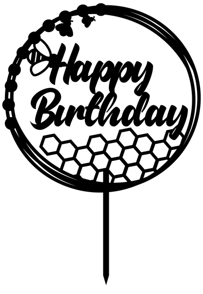 Happy Birthday cake topper with honeycomb design for elegant birthday celebrations.